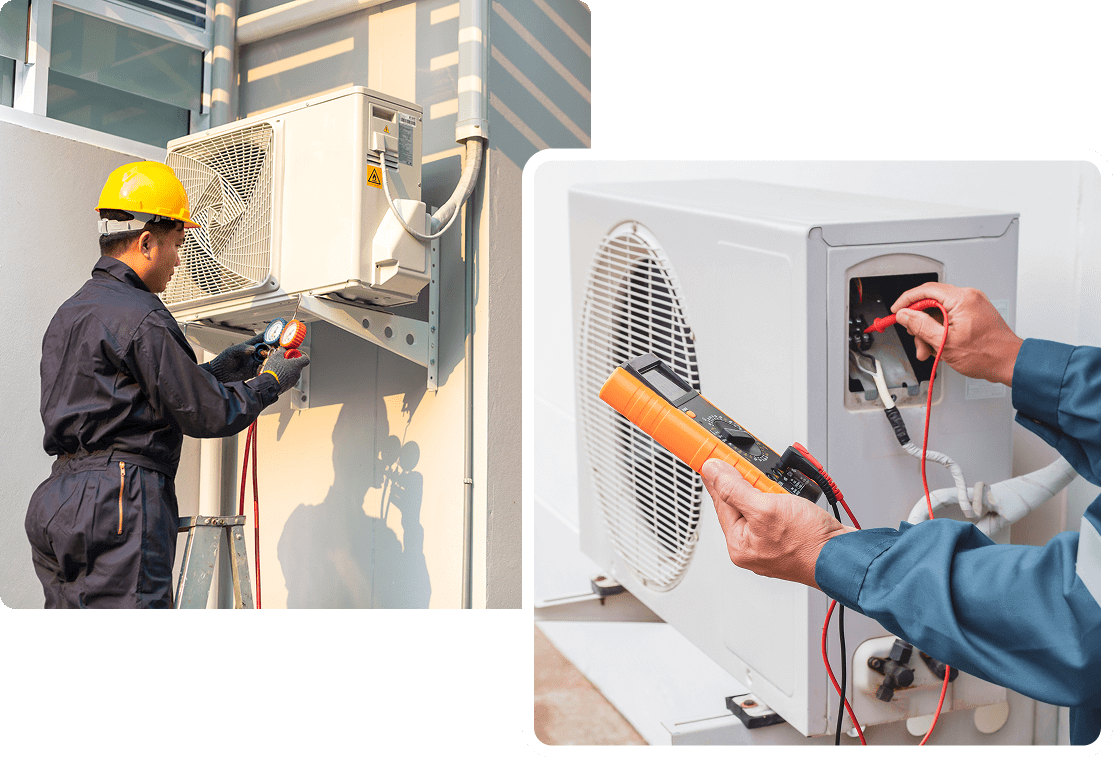 Technician repairing an air conditioning unit outdoors.
